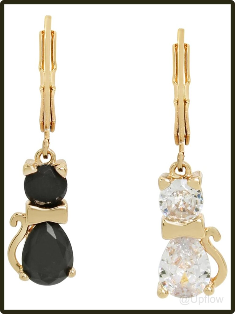 Mismatched Cat Drop Dangle Earrings Gold Tone CZ Crystal Lever Back Women's